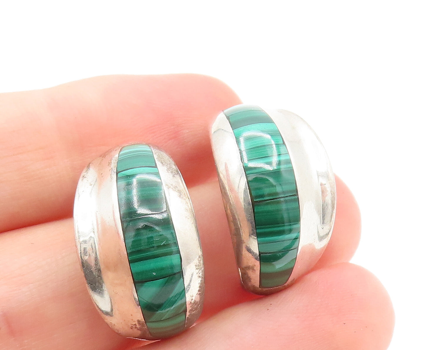 925 Silver  Vintage Inlaid Malachite Half Hoop Clip Back Earrings  EG12373