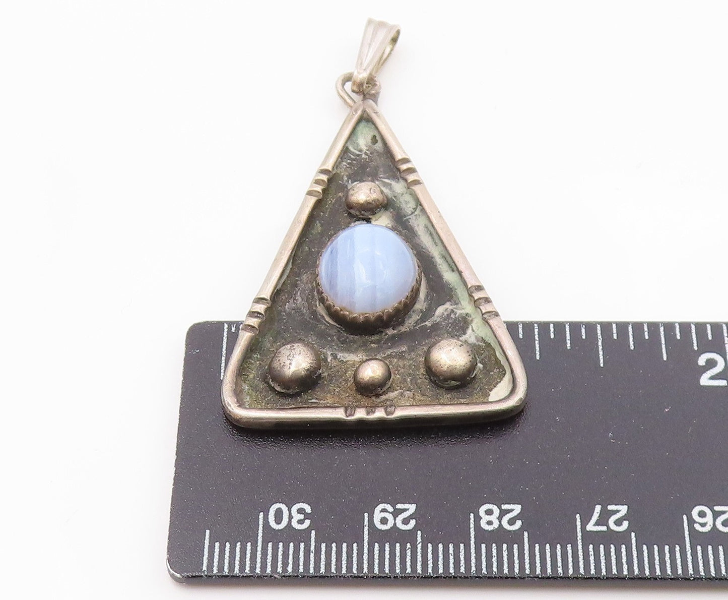 925 Sterling Silver Vintage Triangular Plate Beaded Chalcedony Pendant PT22211