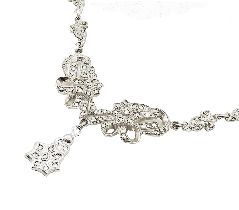 925 Sterling Silver  Vintage Sparkling Floral Ribbon Chain Necklace  NE2619