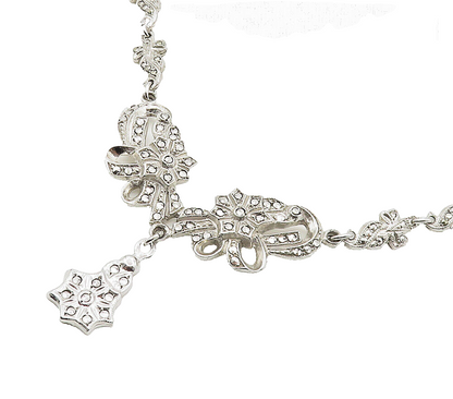 925 Sterling Silver  Vintage Sparkling Floral Ribbon Chain Necklace  NE2619