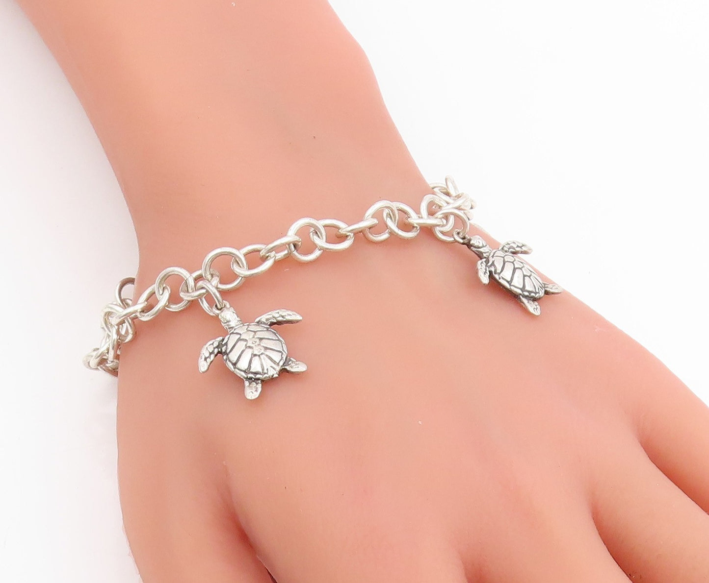 925 Sterling Silver Vintage Bracelet Etched Nautical Sea Turtle Link  BT11668