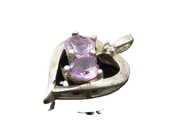 925 Sterling Silver  Vintage Petite Amethyst Love Hearts Pendant  PT15439