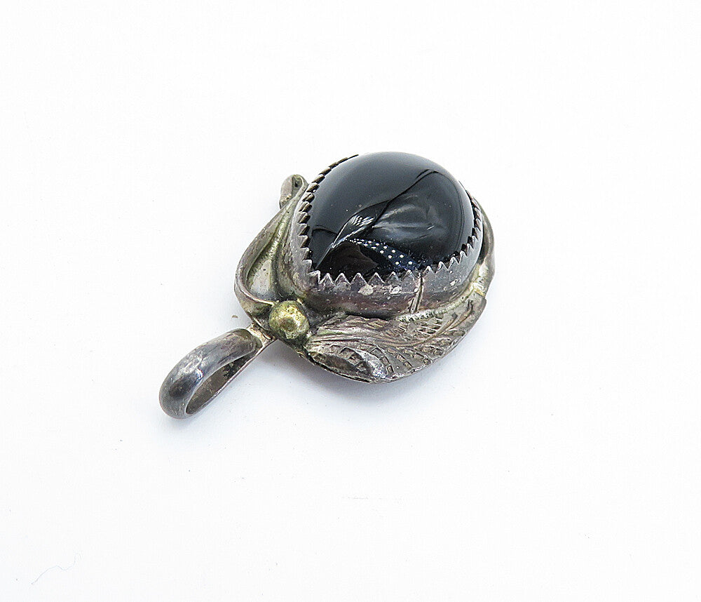 TOM TAYLOR NAVAJO 925 Silver  Vintage Black Onyx Floral Leaf Pendant  PT5374