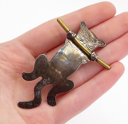 MEXICO 925 Sterling Silver  Vintage Two Tone Oxidized Cat Brooch Pin  BP1958