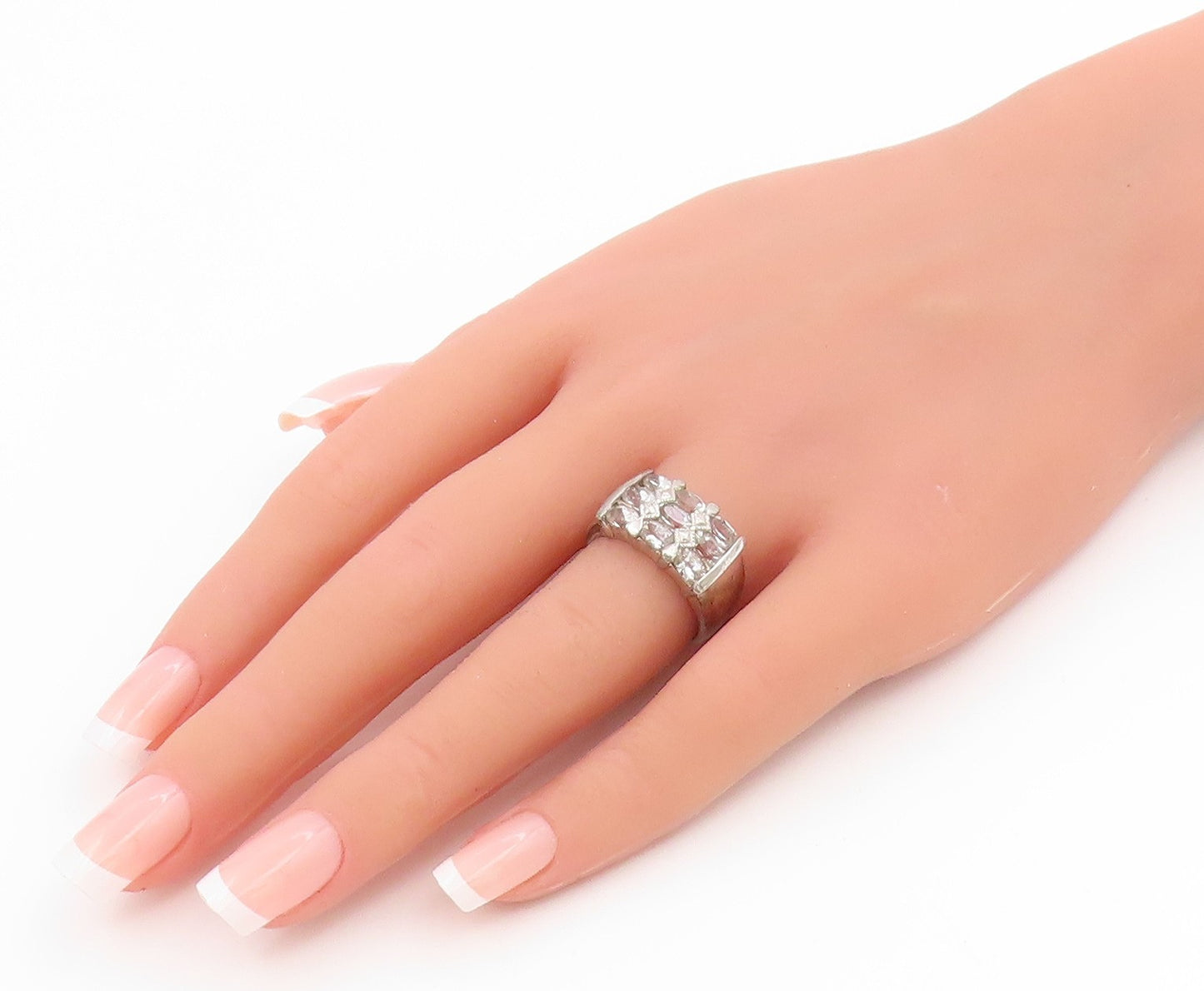 925 Sterling Silver Vintage Ring Classic White Topaz Statement Band Sz 7 RG36060