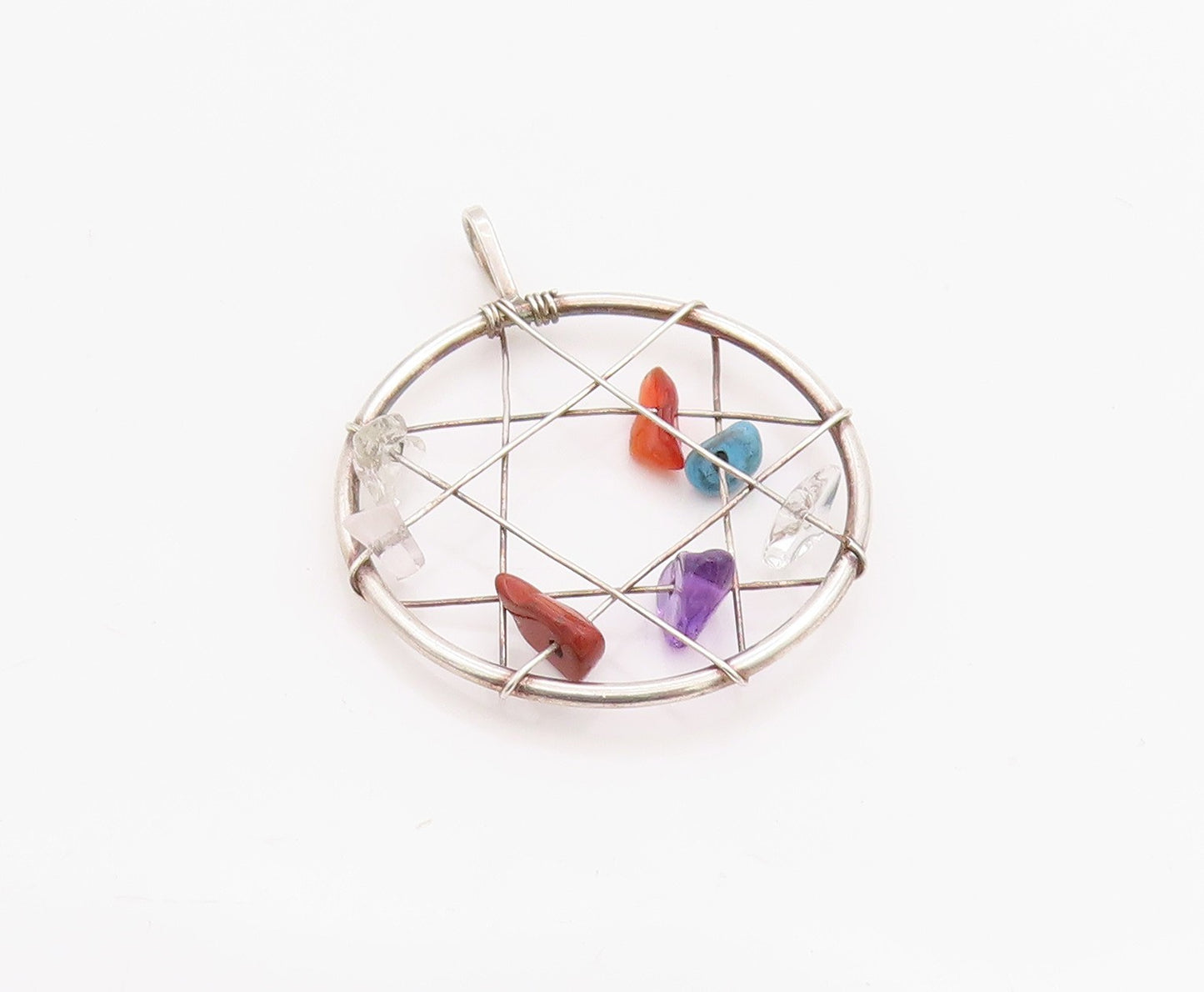 925 Sterling Silver Vintage Pendant Multi Gemstone Dream Catcher Charm  PT24919
