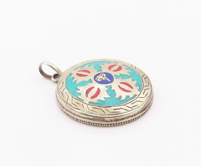 925 Sterling Silver  Vintage Enamel Symbol Etched Border Pendant  PT20082