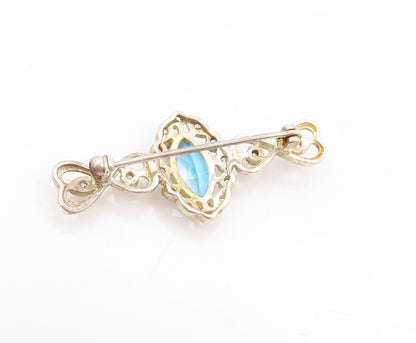 925 Sterling Silver Vintage Brooch Marquise Cut Blue Topaz & Halo CZ Pin BP11944