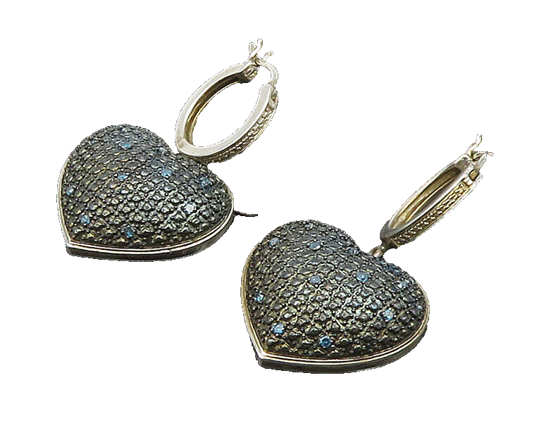 925 Silver  Vintage Blue Genuine Diamonds Textured Heart Earrings  EG11658