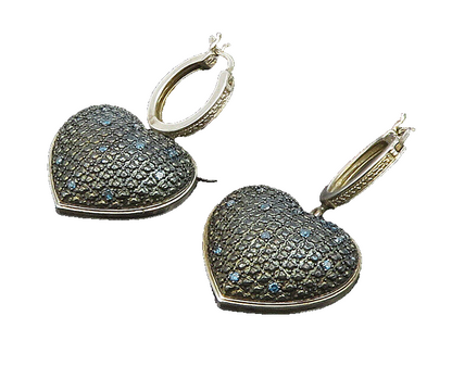 925 Silver  Vintage Blue Genuine Diamonds Textured Heart Earrings  EG11658