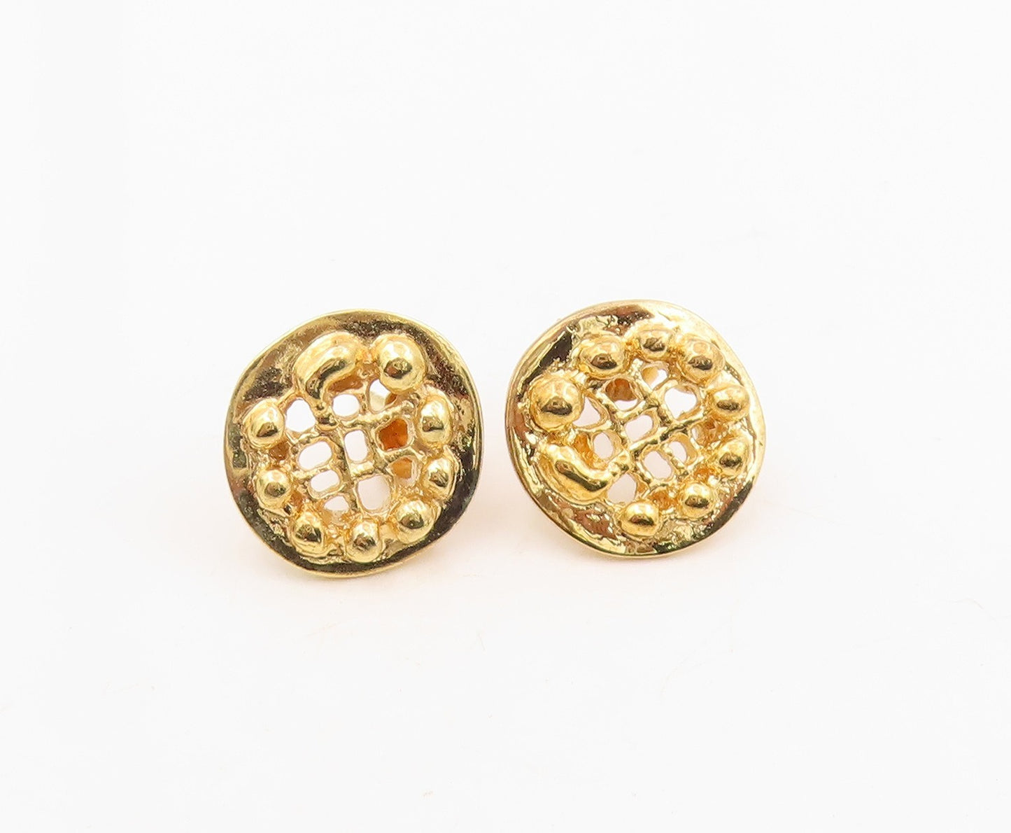925 Sterling Silver Vintage Earrings Gold Plated Round Open Weave Button EG13883