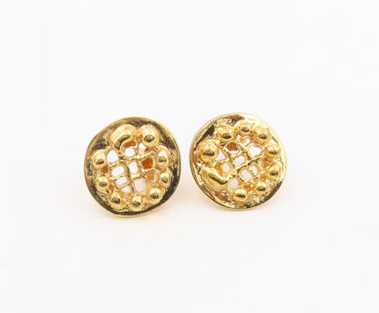 925 Sterling Silver Vintage Earrings Gold Plated Round Open Weave Button EG13883