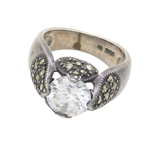 925 Silver  Vintage Cubic Zirconia & Marcasite Cocktail Ring Sz 5  RG18030