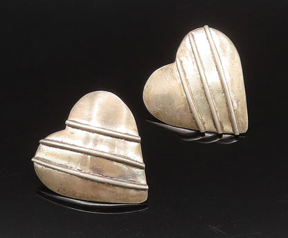925 Sterling Silver  Vintage 3D Lines With Love Heart Earrings  EG12261