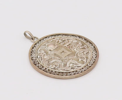 925 Silver  Vintage Carved Chinese Dragon & Swirly Cutout Ends Pendant PT22048