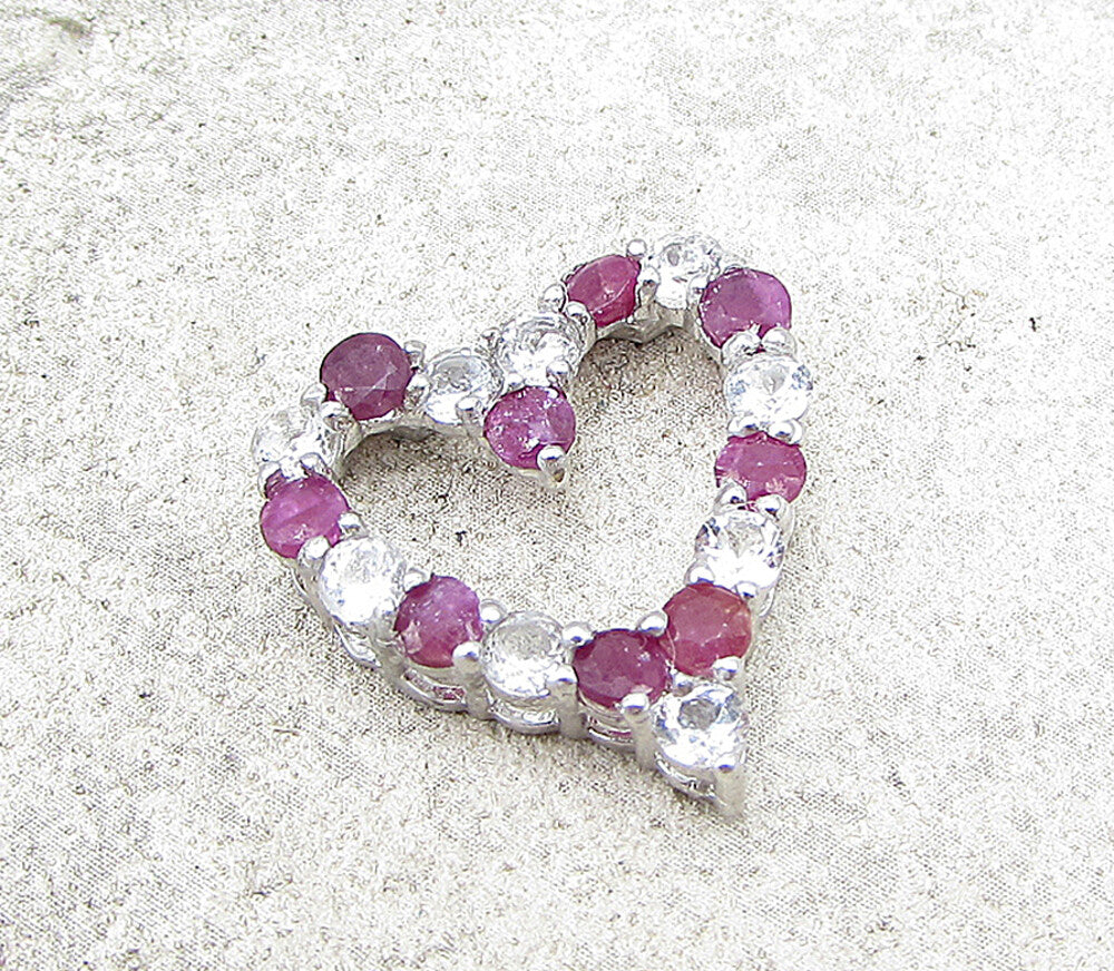 925 Sterling Silver  Ruby & Topaz Love Heart Slider Pendant  PT1149