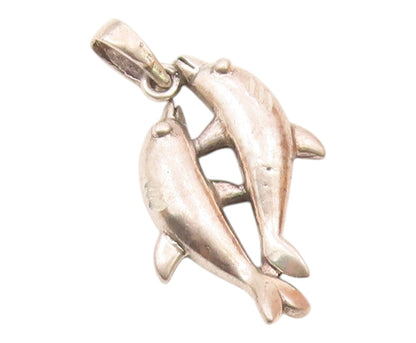 925 Sterling Silver  Vintage Diamond Cut Detail Dolphins Pendant  PT16503