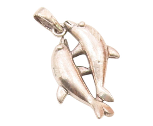 925 Sterling Silver  Vintage Diamond Cut Detail Dolphins Pendant  PT16503