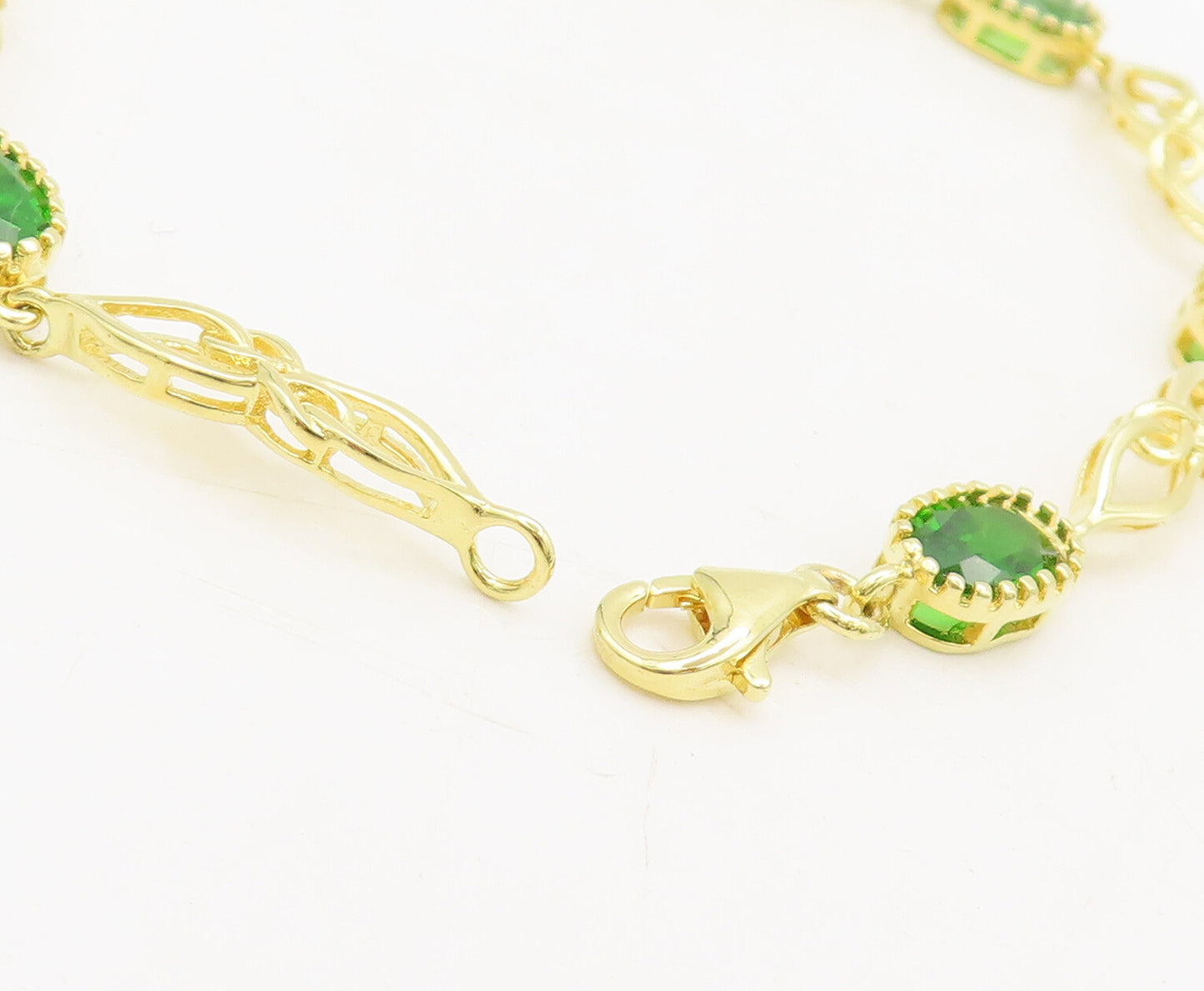 925 Sterling Silver Vintage Bracelet Swirly Cut Gold Plated Green Topaz  BT10243