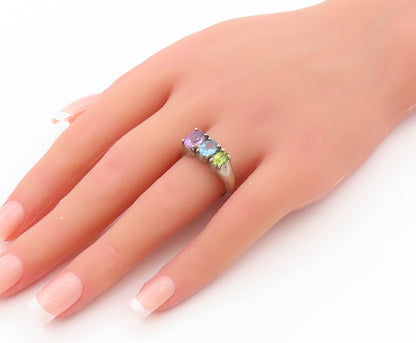 925 Sterling Silver Vintage Ring KABANA Oval Amethyst CZ Peridot  SZ 8  RG31965