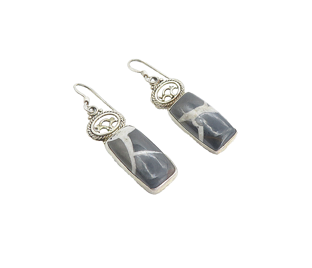 925 Sterling Silver  Vintage Cabochon Cut Jasper Square Drop Earrings  EG3522