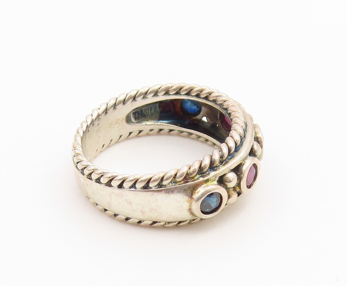 925 Sterling Silver Vintage Ring Multi Gemstone Twisted Rope Band  Sz 6  RG36742