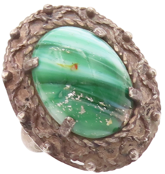 925 Sterling Silver Vintage Ring Wave Carved Oval Malachite  Sz 8.5  RG28828