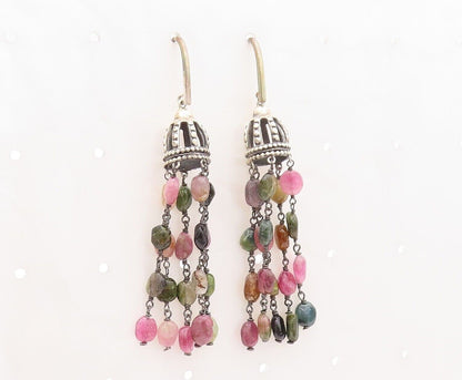 925 Sterling Silver Vintage Earrings Cutout Dome Dangling Gemstones  EG13159