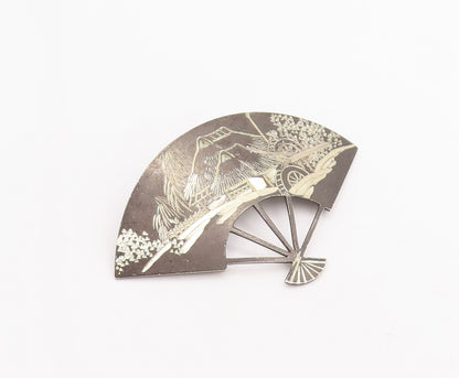 925 Sterling Silver Vintage Brooch Pin 1957 Japan Landscape Etched Fan  BP11090