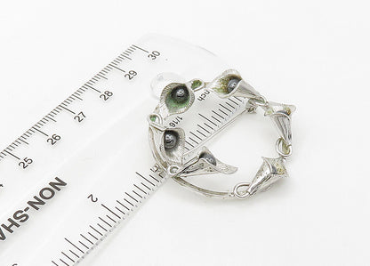 WELLS 925 Silver  Vintage Shiny Hematite Floral Wreath Brooch Pin  BP8444