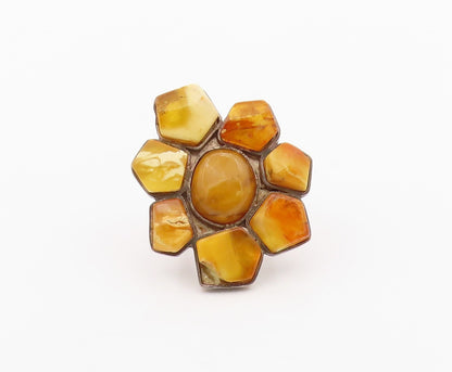 925 Sterling Silver Vintage Ring Modernist Amber Large Flower  Sz 7  RG36379