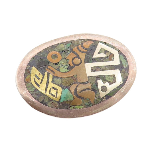 925 Sterling Silver Vintage Brooch Crushed Turquoise Inlay Dancing Man   BP11724