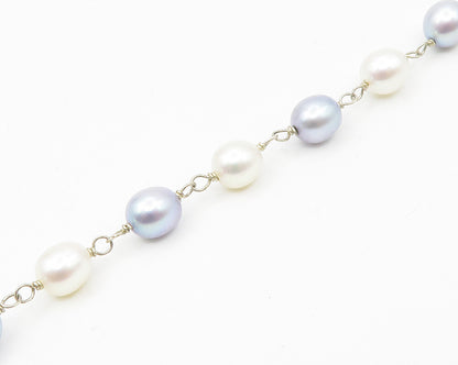 925 Silver  Blue & White Mother Of Pearl & Pearls Beaded Necklace  NE2310