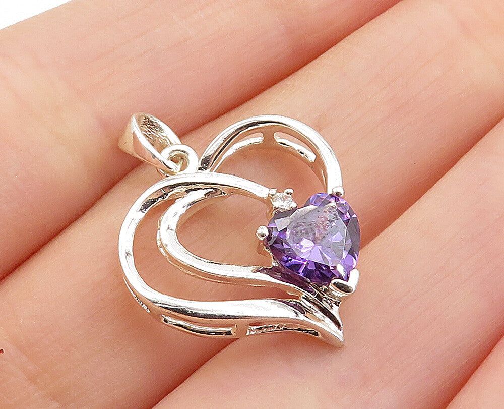 925 Sterling Silver  Amethyst Open Love Heart Polished Drop Pendant  PT4746