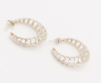 925 Sterling Silver  Vintage Openwork Navette Cutout Hoop Earrings  EG12307