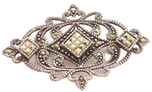 925 Sterling Silver Vintage Brooch Pin Swirly Cutout Marcasite Inlay  BP11379