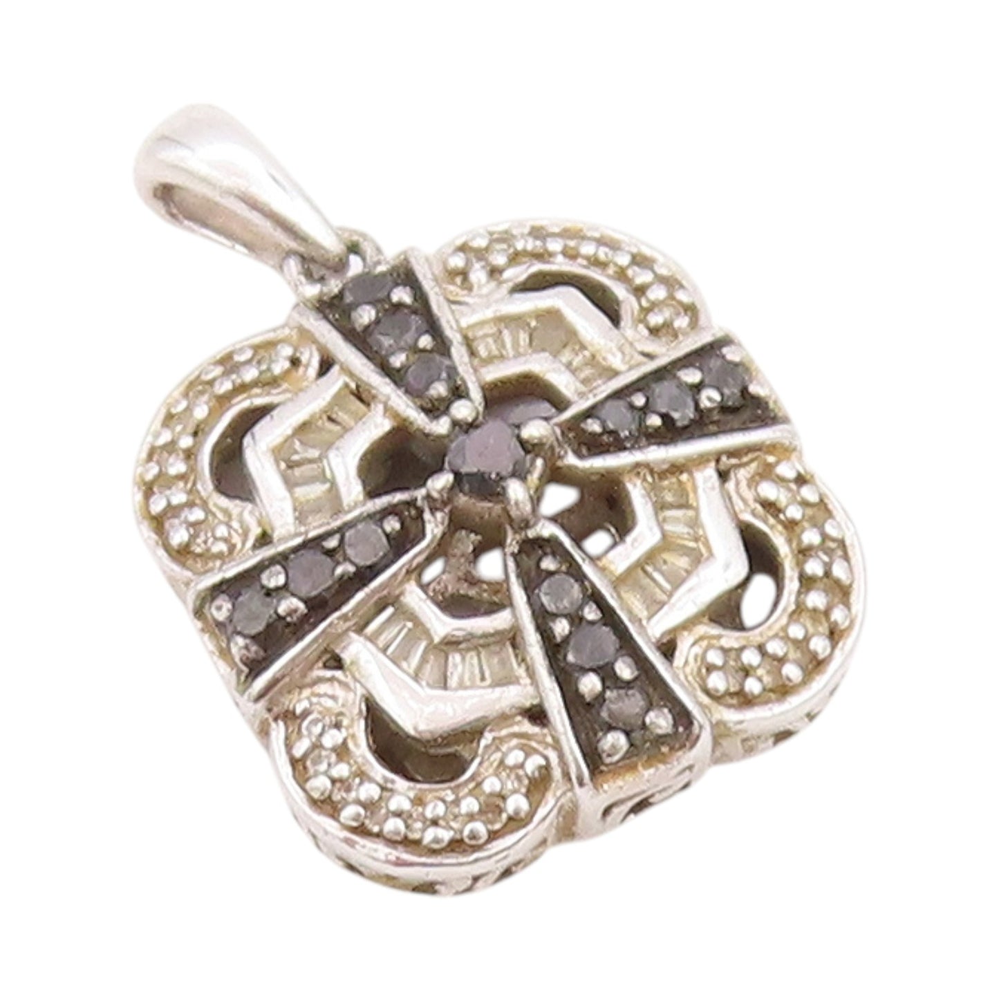 925 Sterling Silver Vintage Pendant Diamonds Square Inlay Spinal Bands  PT24405