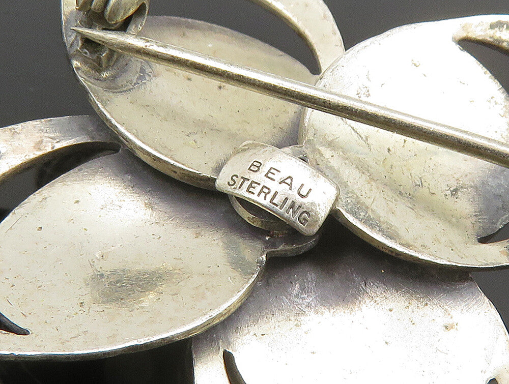 BEAU 925 Sterling Silver  Vintage Textured Open Floral Brooch Pin  BP9440