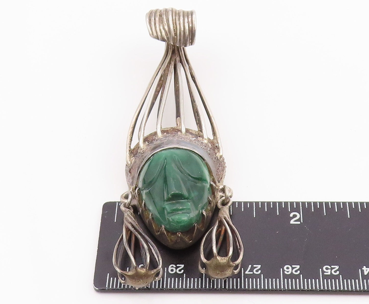 925 Sterling Silver Vintage Pendant TAXCO MEXICO Carved Jade Warrior  PT26046