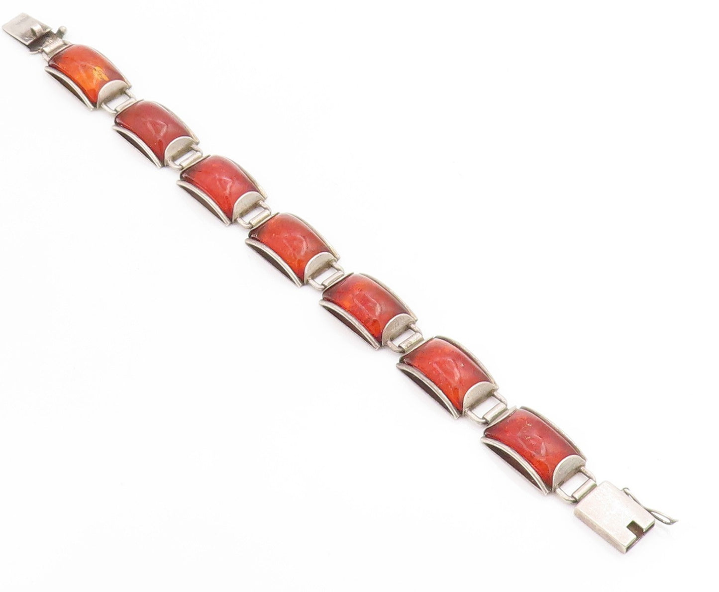 925 Sterling Silver Vintage Bracelet Classic Honey Amber Geometric Link  BT11851