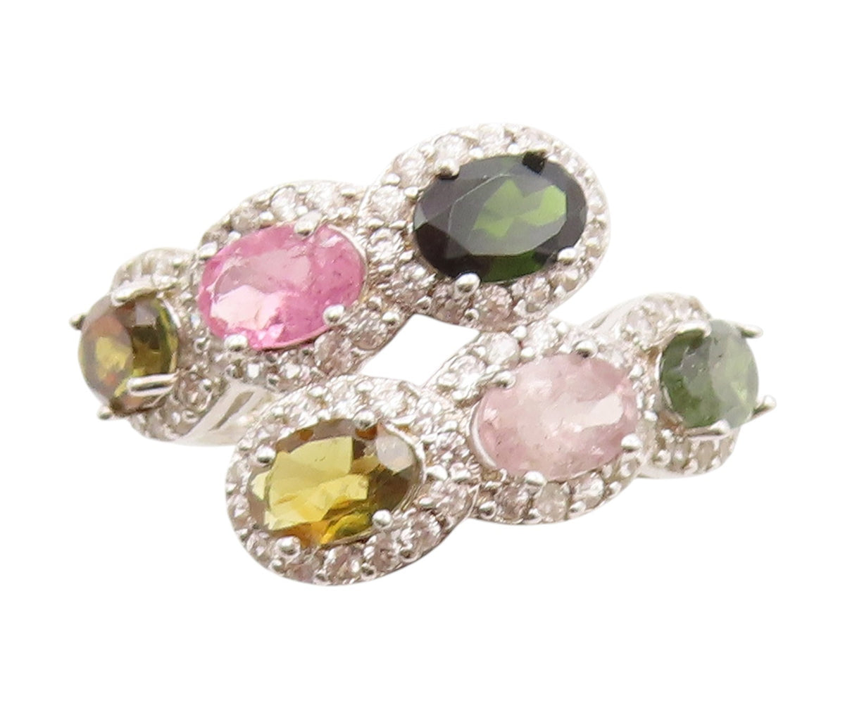 925 Sterling Silver Vintage Ring Multi Gemstone & CZ Bypass Band  Sz 7  RG33741