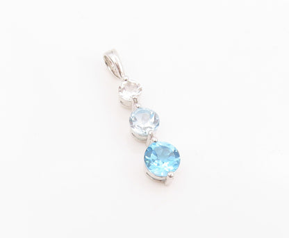 925 Sterling Silver Vintage Pendant Blue & White Topaz Three Stone Drop  PT25436