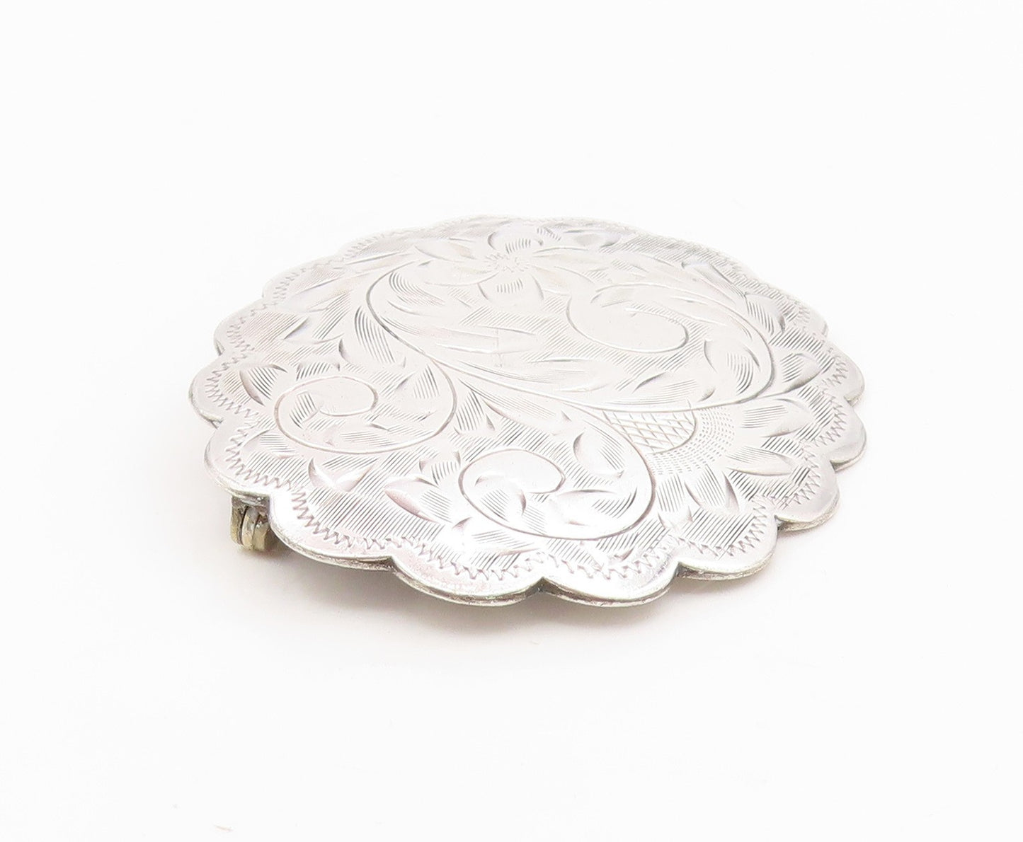 925 Sterling Silver Vintage Brooch Engraved Swirly Floral Scalloped Pin  BP12106