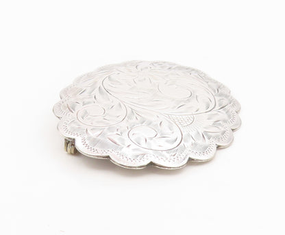 925 Sterling Silver Vintage Brooch Engraved Swirly Floral Scalloped Pin  BP12106