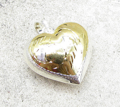 925 Sterling Silver Hand Chased 2 Tone Puffy Love Heart Drop Pendant PT1444