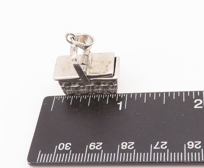 925 Sterling Silver Vintage Pendant Designer 3D Carved Picnic Box  PT24285