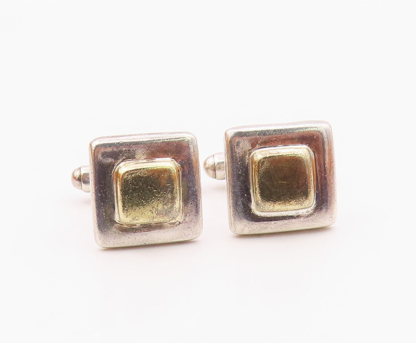 925 Sterling Silver  Vintage Shiny Two Tone Square Cuff Links  TR1683