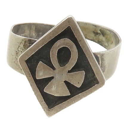 MEXICO 925 Silver  Vintage Egyptian Ankh Oxidized Band Ring Sz 12.5  RG18560