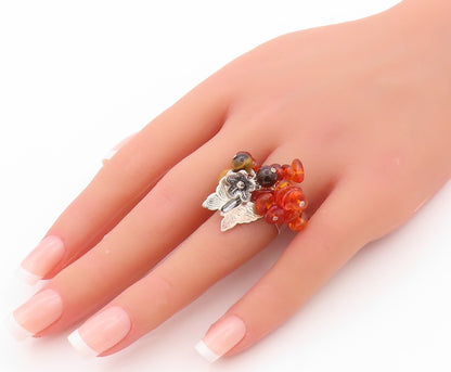 925 Sterling Silver Vintage Ring Amber & Gemstone Floral Design  Sz 5  RG32347