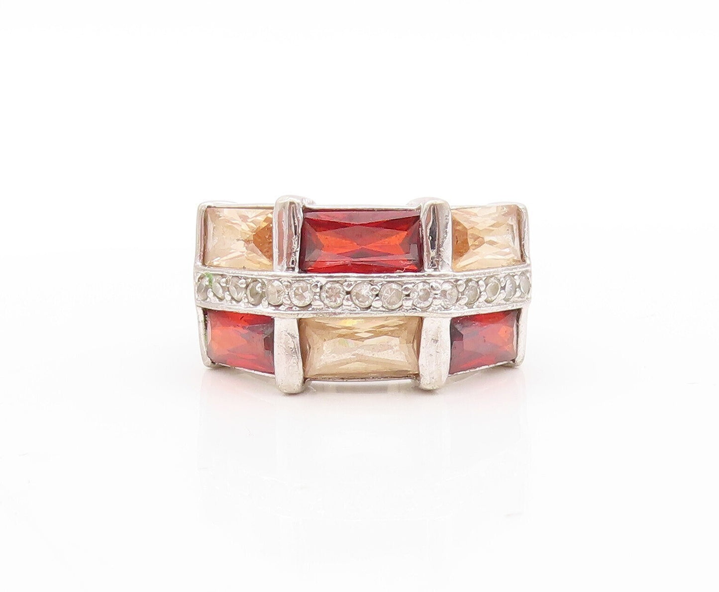 925 Sterling Silver Vintage Ring Rectangle Three Tone Topaz Inlay  Sz 7  RG31416